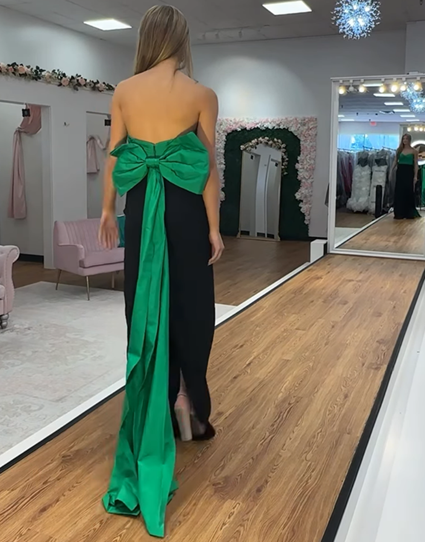 Black and Green Sweetheart Long Sheath Prom Dress with Bow