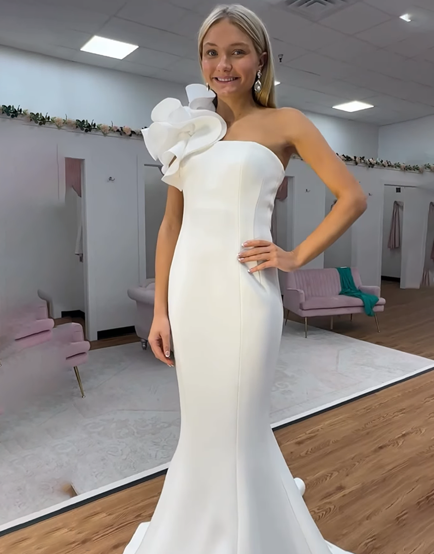 Mermaid One Shoulder White Long Prom Dress with 3D Flower