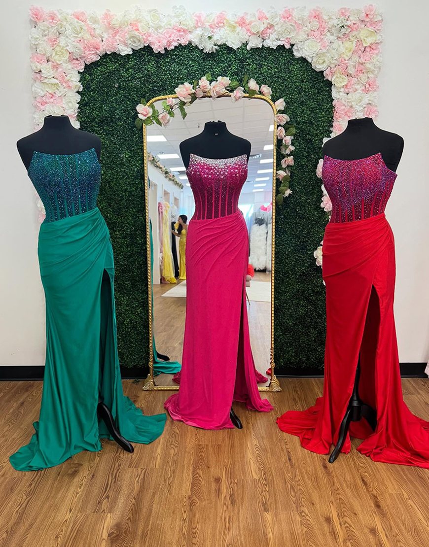 Sparkly Fuchsia Corset Beaded Mermaid Long Prom Dress with Slit