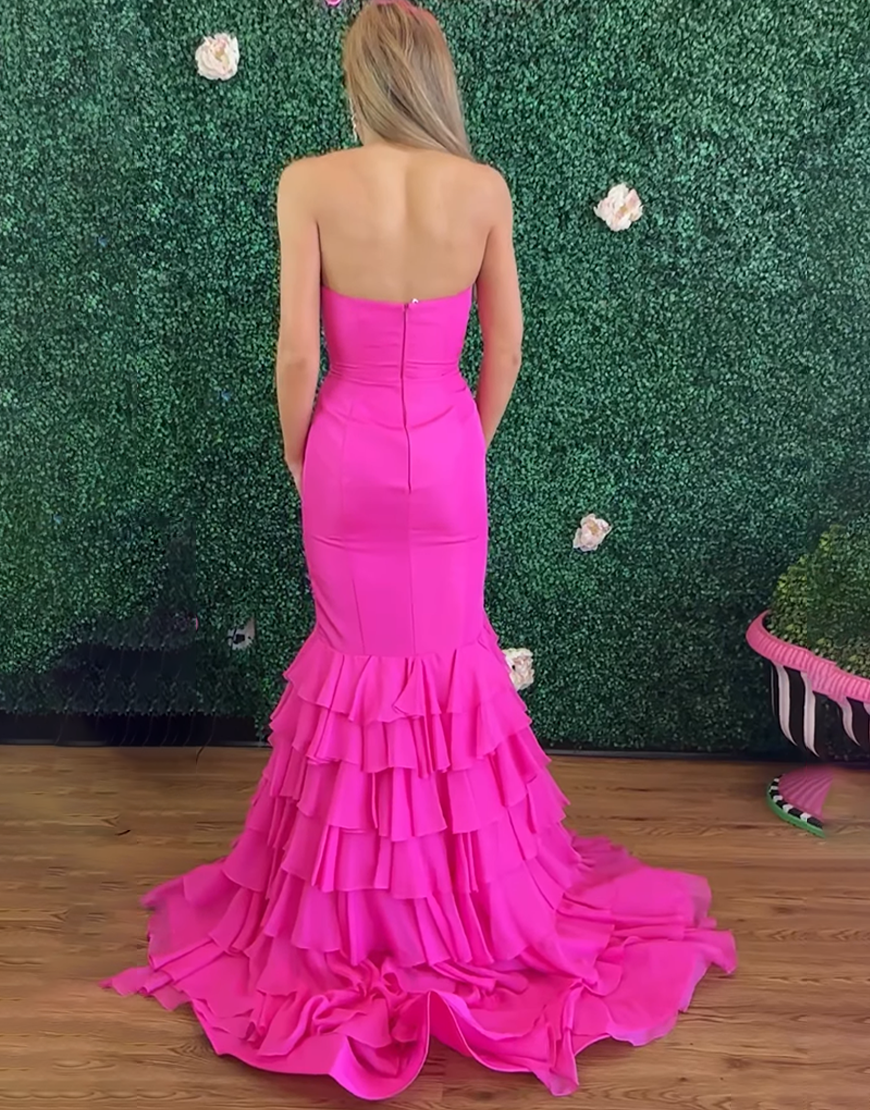 Fuchsia Mermaid Ruffled Tiered Strapless Long Prom Dress