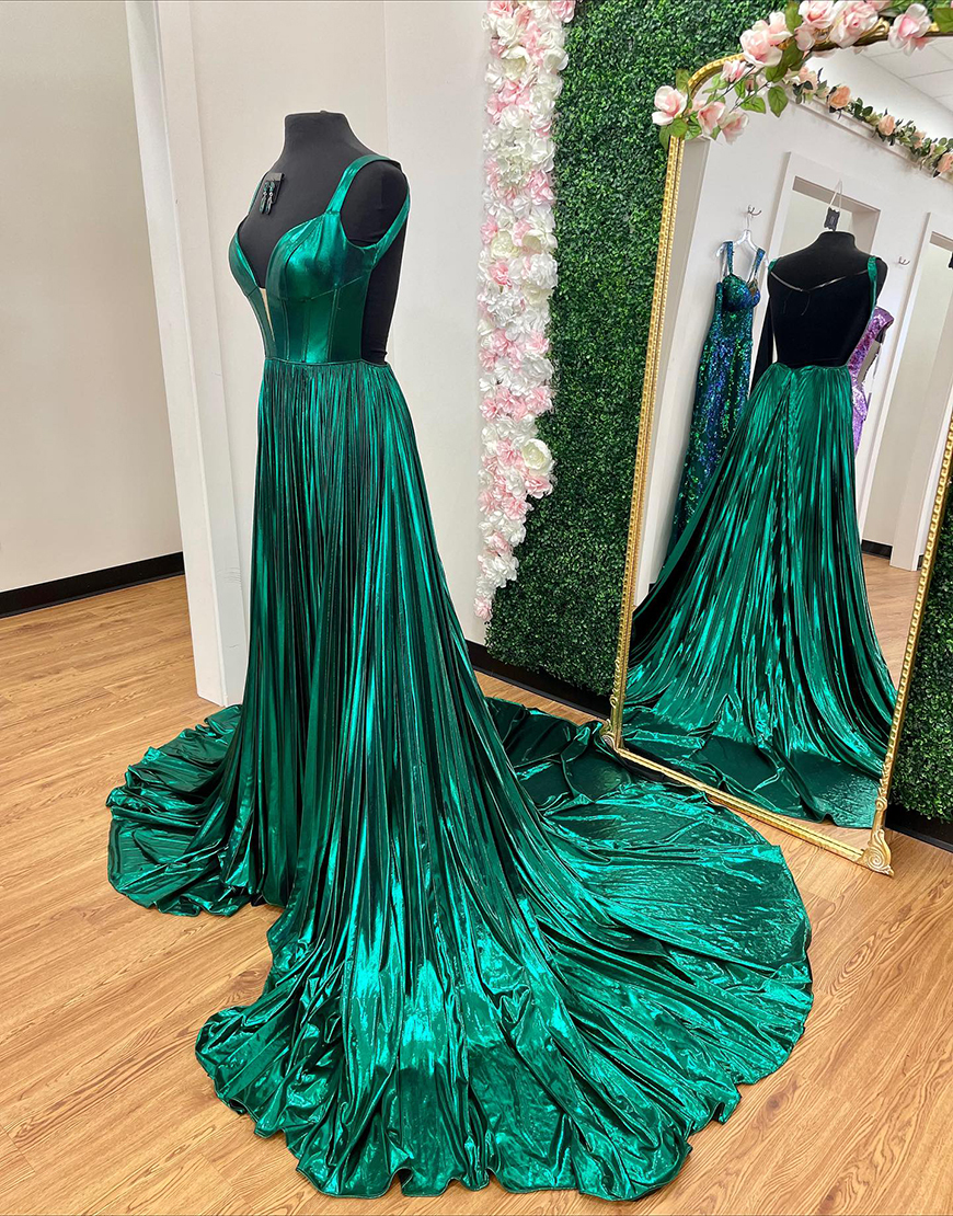 Emerald Green Corset Metallic A Line Long Prom Dress
