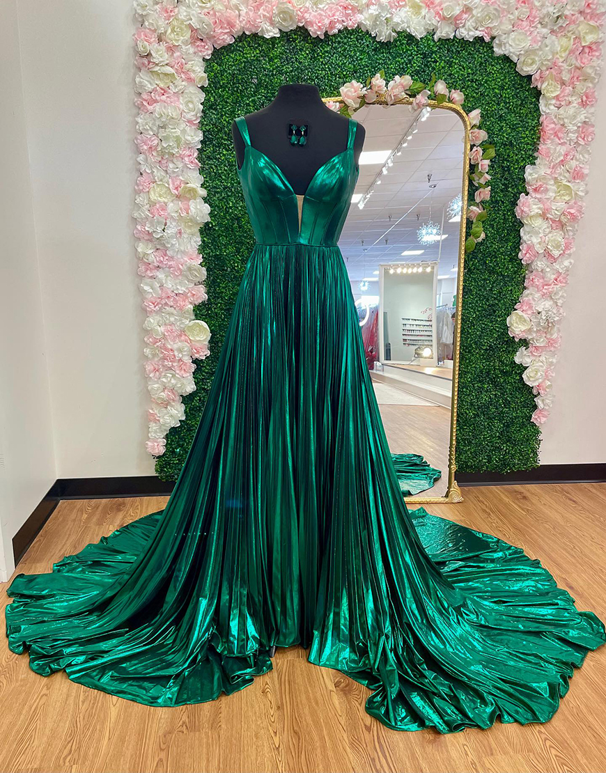 Emerald Green Corset Metallic A Line Long Prom Dress