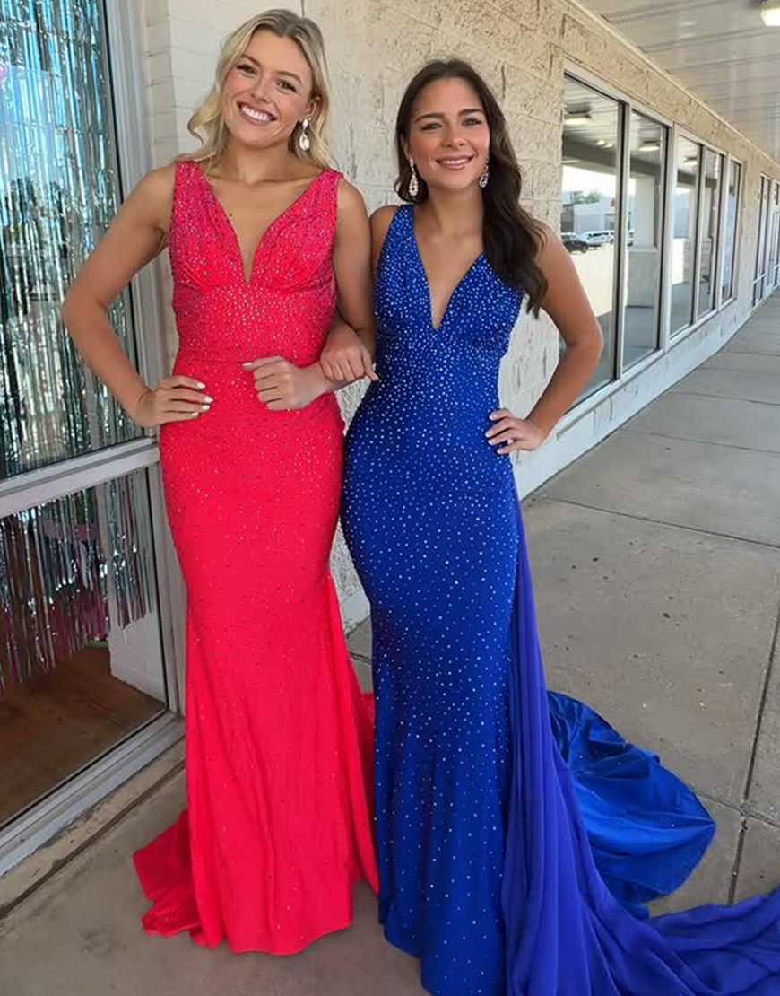 Sparkly Red V-Neck Mermaid Beaded Long Prom Dress with Cape