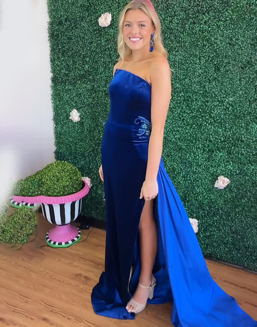 Sparkly Royal Blue Beaded Velvet Mermaid Long Prom Dress with Side Cape