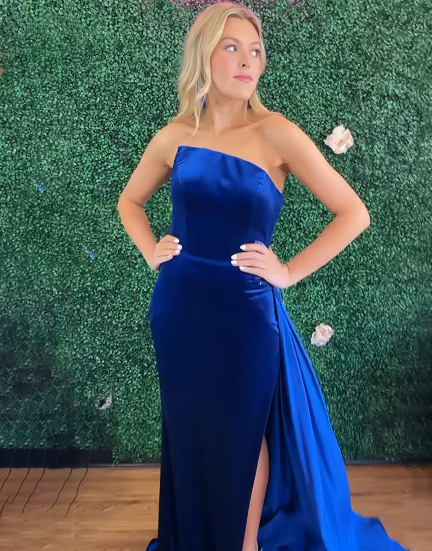 Sparkly Royal Blue Beaded Velvet Mermaid Long Prom Dress with Side Cape