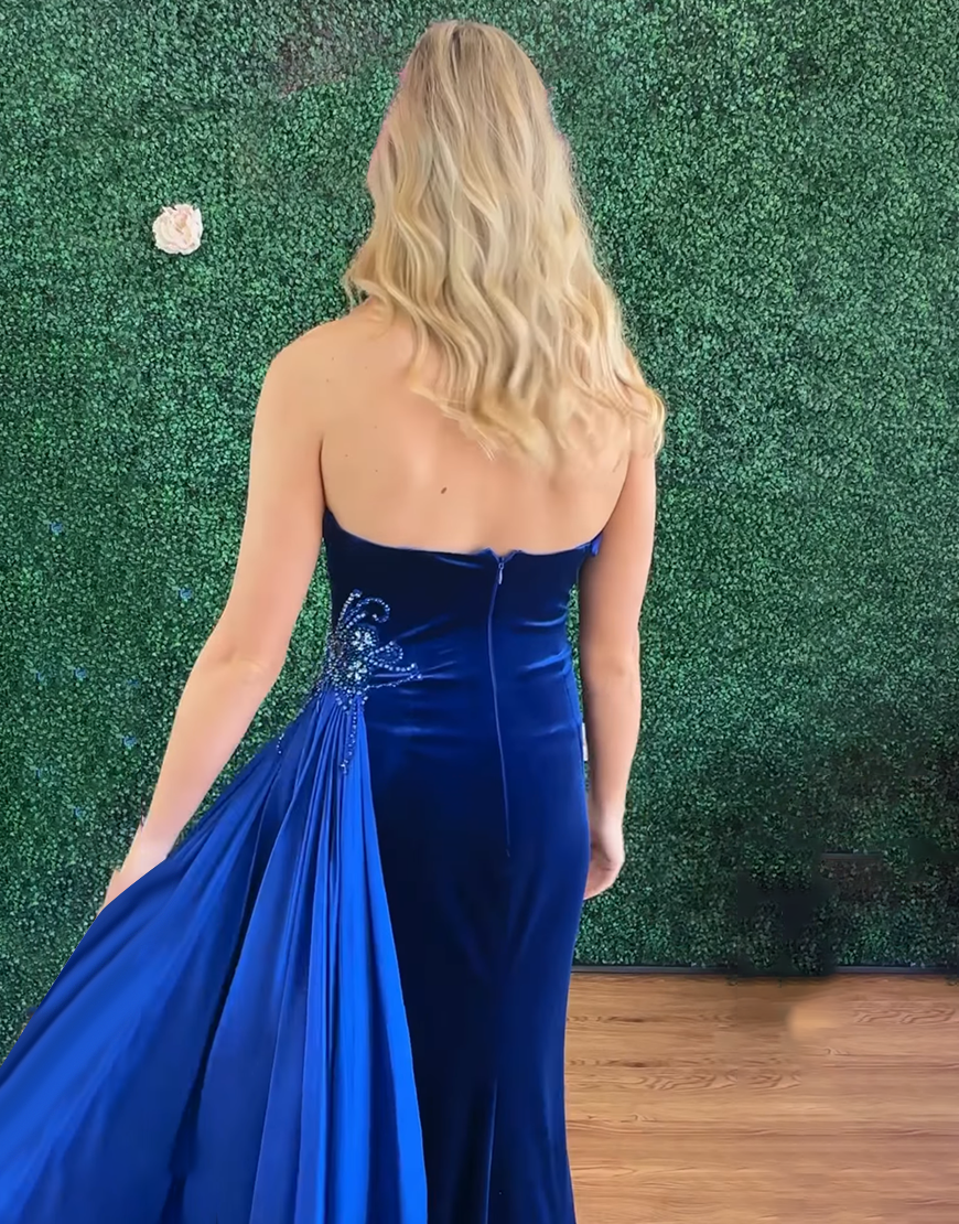 Sparkly Royal Blue Beaded Velvet Mermaid Long Prom Dress with Side Cape