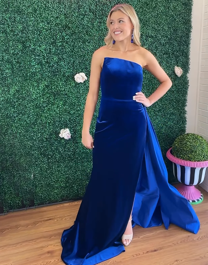 Sparkly Royal Blue Beaded Velvet Mermaid Long Prom Dress with Side Cape