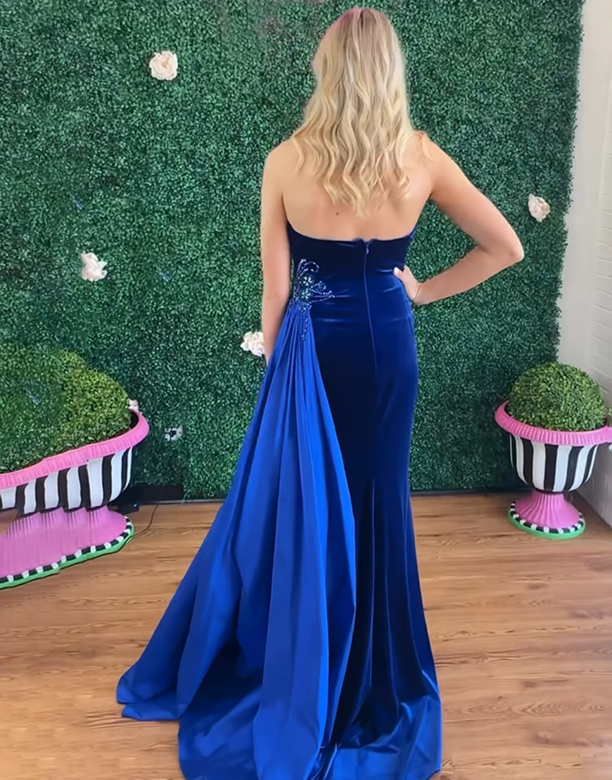 Sparkly Royal Blue Beaded Velvet Mermaid Long Prom Dress with Side Cape