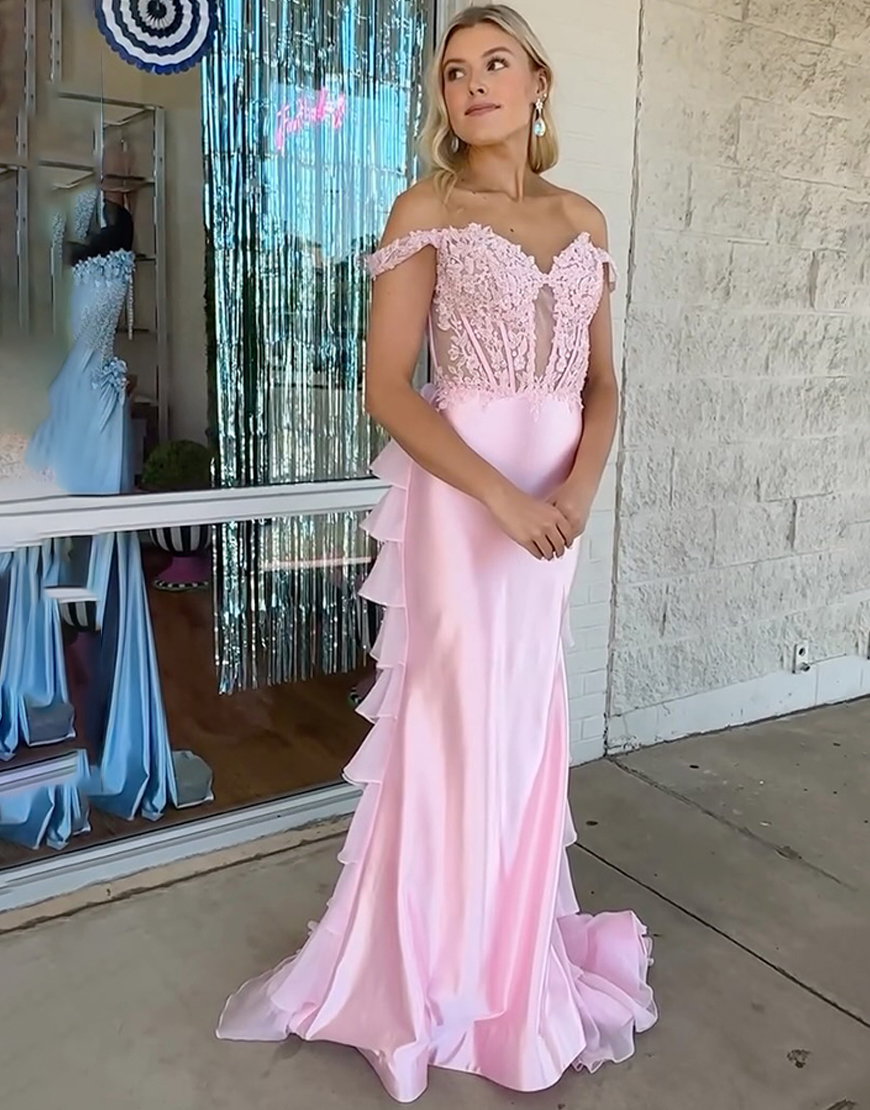 Pink Off the Shoulder Corset Ruffled Long Prom Dress with Lace