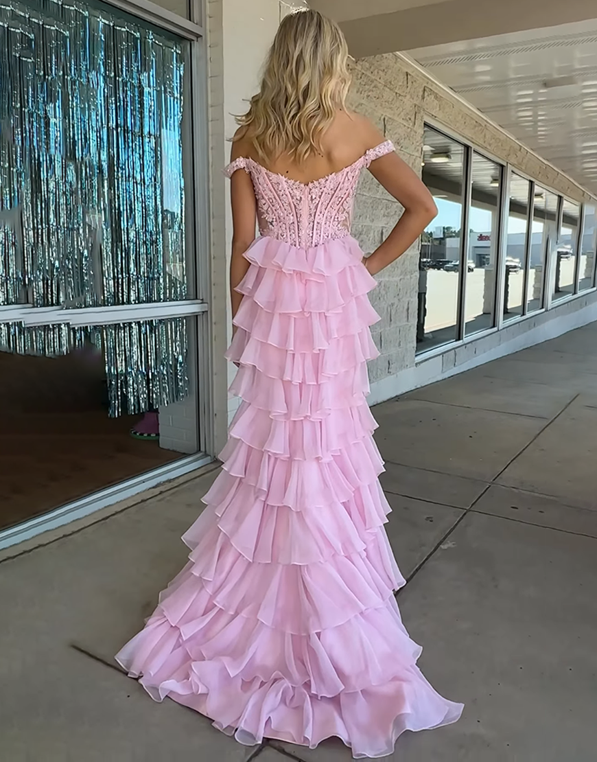 Pink Off the Shoulder Corset Ruffled Long Prom Dress with Lace