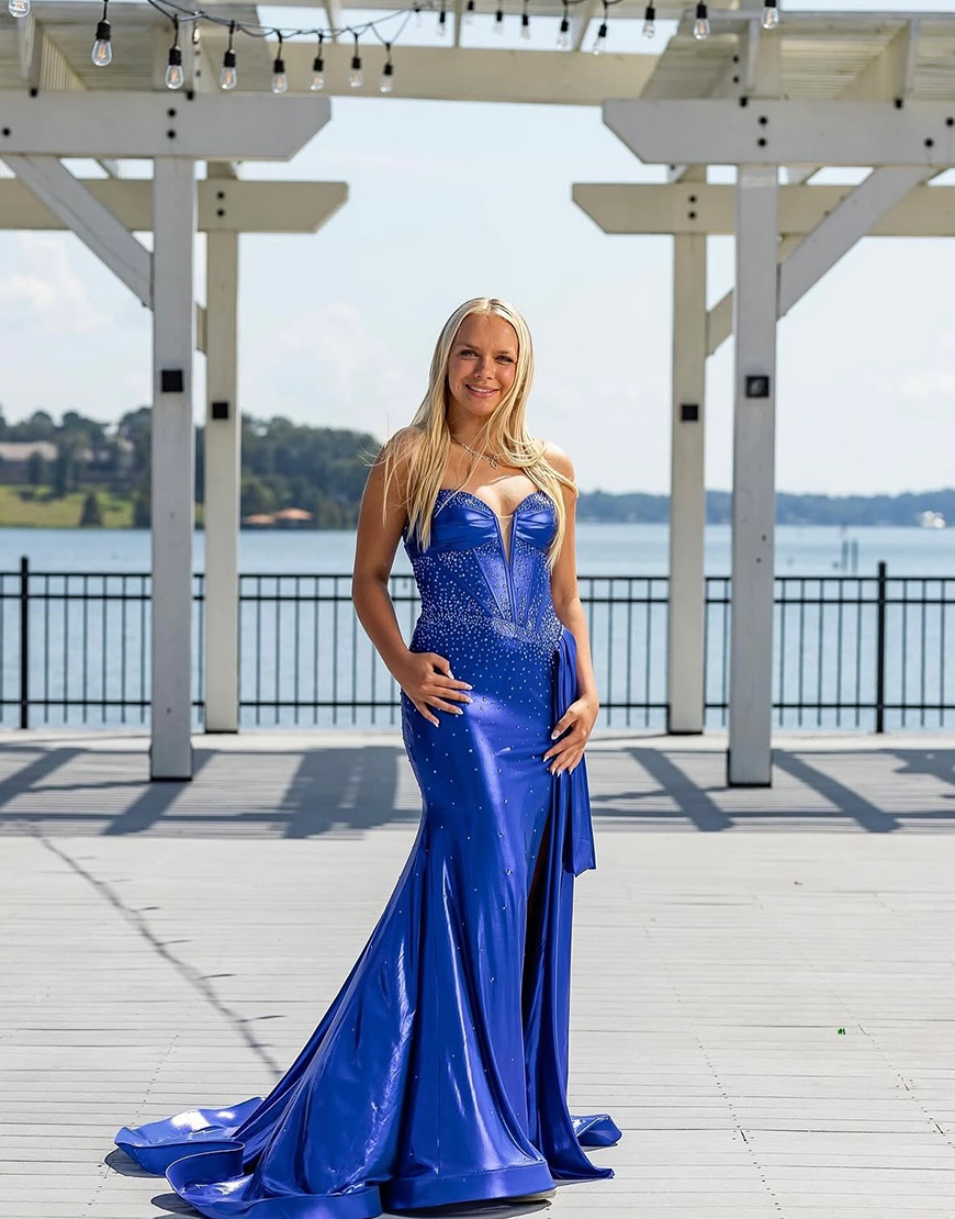 Sparkly Royal Blue Corset Beaded Mermaid Long Prom Dress with Side Cape
