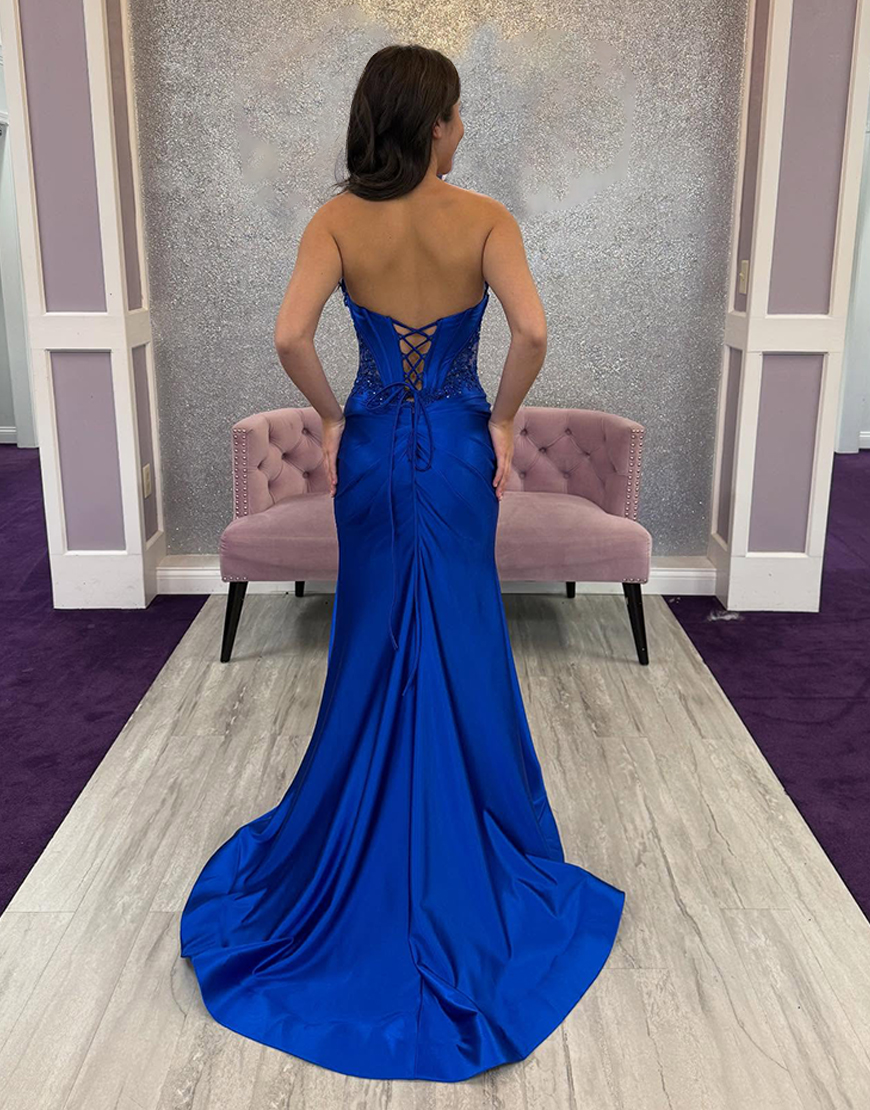 Royal Blue Corset Mermaid Sweetheart Long Prom Dress with Slit