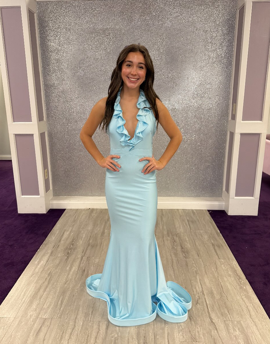 Light Blue Mermaid Halter Neck Ruffled Long Prom Dress