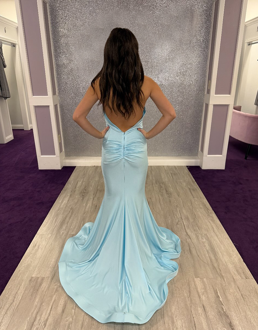 Light Blue Mermaid Halter Neck Ruffled Long Prom Dress