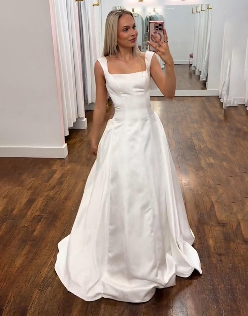 Simple White A-Line Square Neck Long Prom Dress