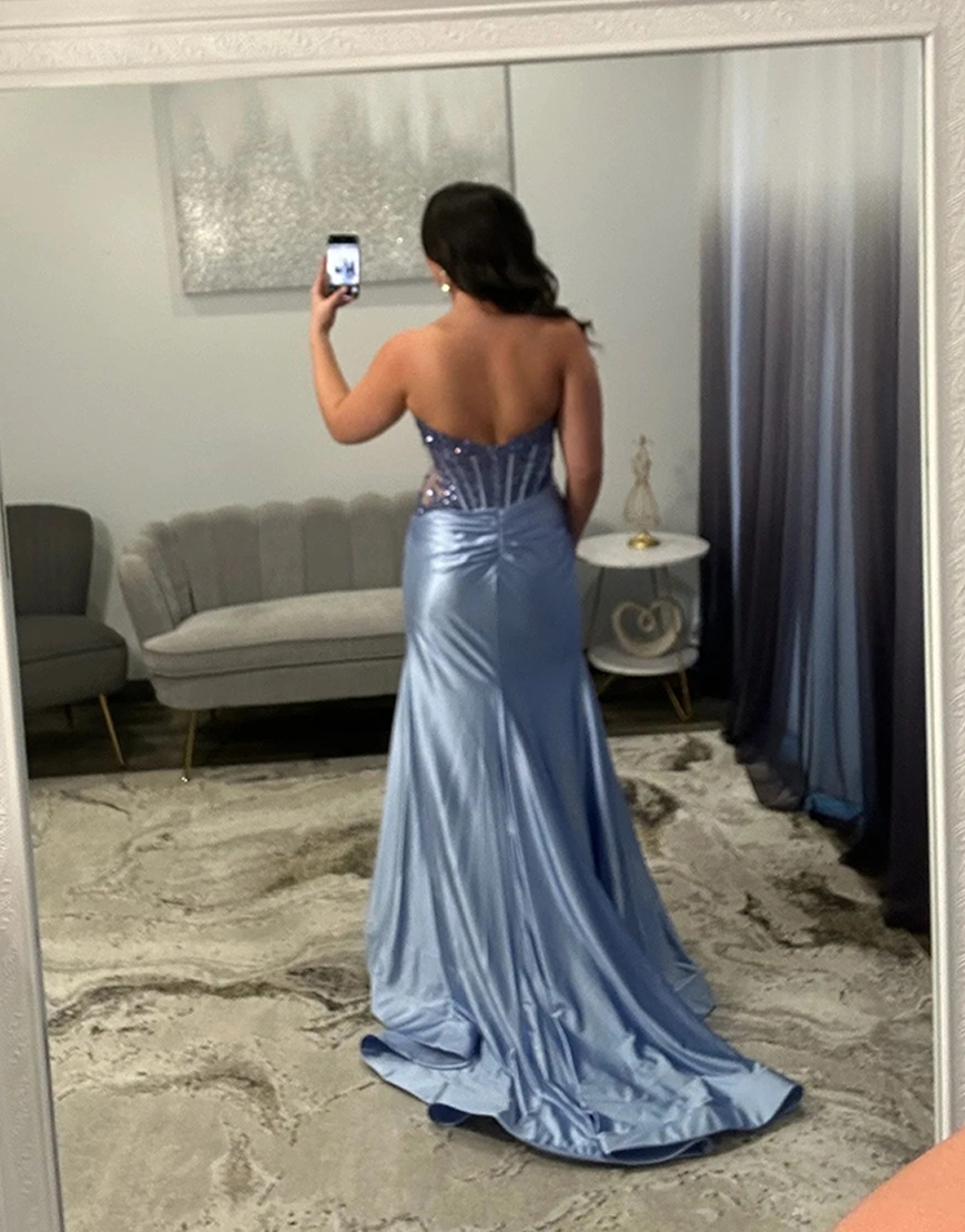Sparkly Royal Blue Corset Beaded Mermaid Long Prom Dress with Slit
