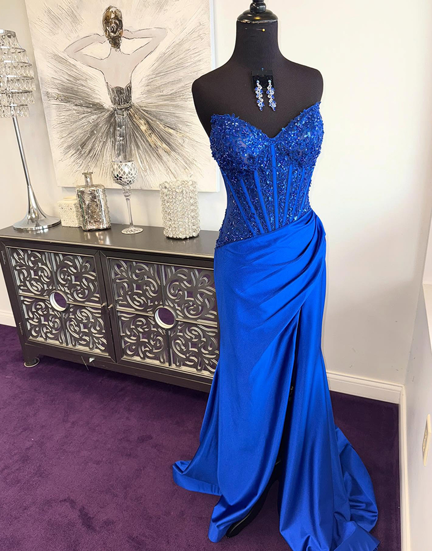 Sparkly Royal Blue Corset Beaded Mermaid Long Prom Dress with Slit