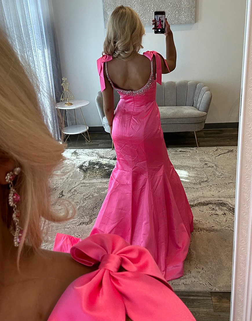 Sparkly Yellow Beaded Mermaid Long Prom Dress with Bows