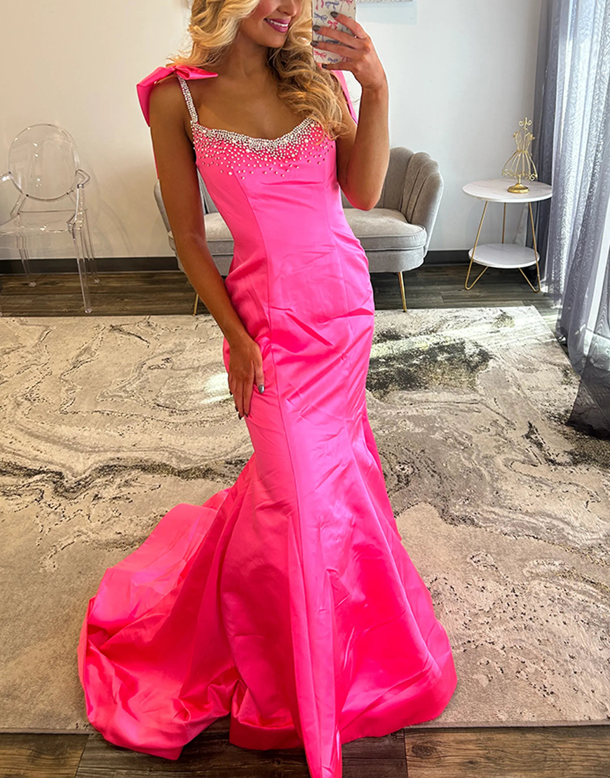 Sparkly Yellow Beaded Mermaid Long Prom Dress with Bows