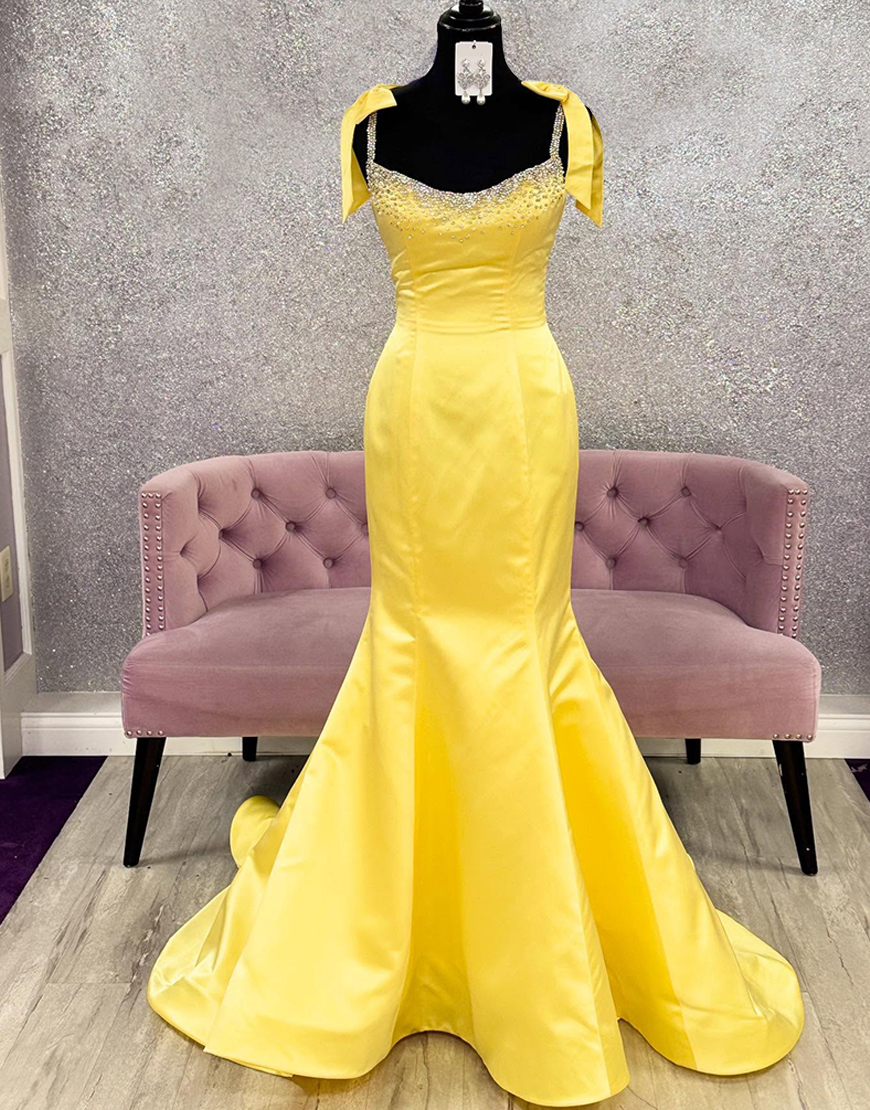 Sparkly Yellow Beaded Mermaid Long Prom Dress with Bows