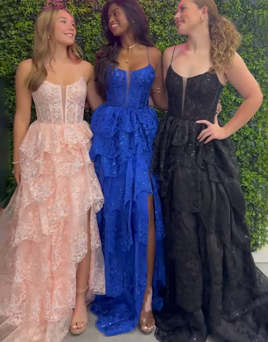 Sparkly Royal Blue Lace Corset Tiered Ruffled Long Prom Dress with Slit