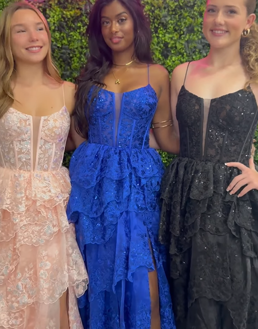 Sparkly Royal Blue Lace Corset Tiered Ruffled Long Prom Dress with Slit