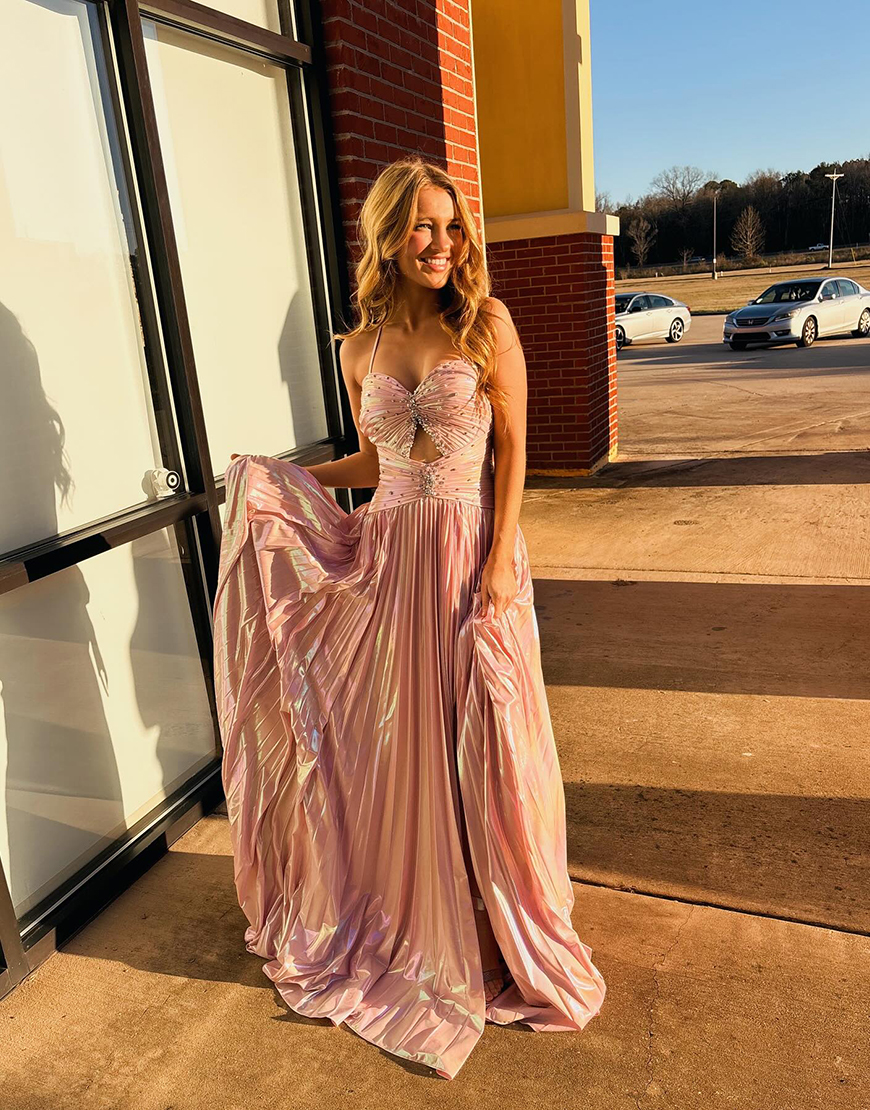 Sparkly Pink Spaghetti Straps Beaded Long A-Line Prom Dress with Slit