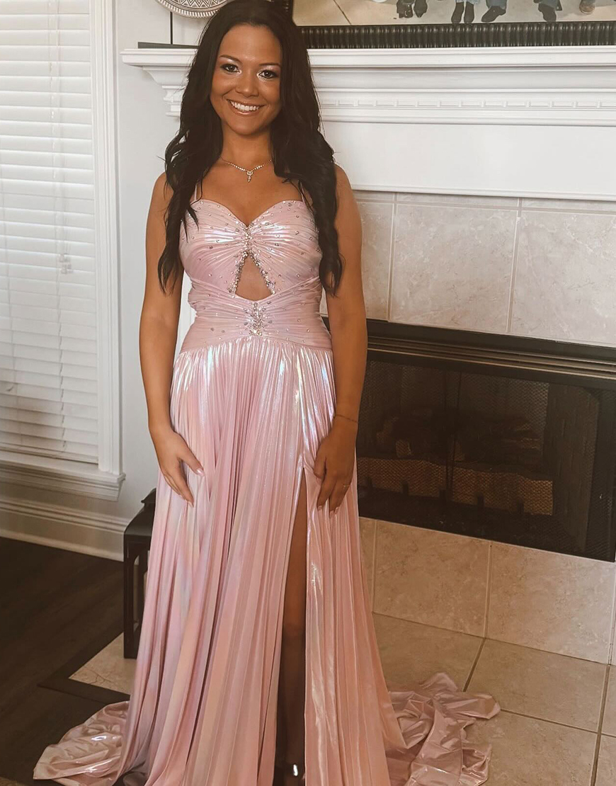 Sparkly Pink Spaghetti Straps Beaded Long A-Line Prom Dress with Slit