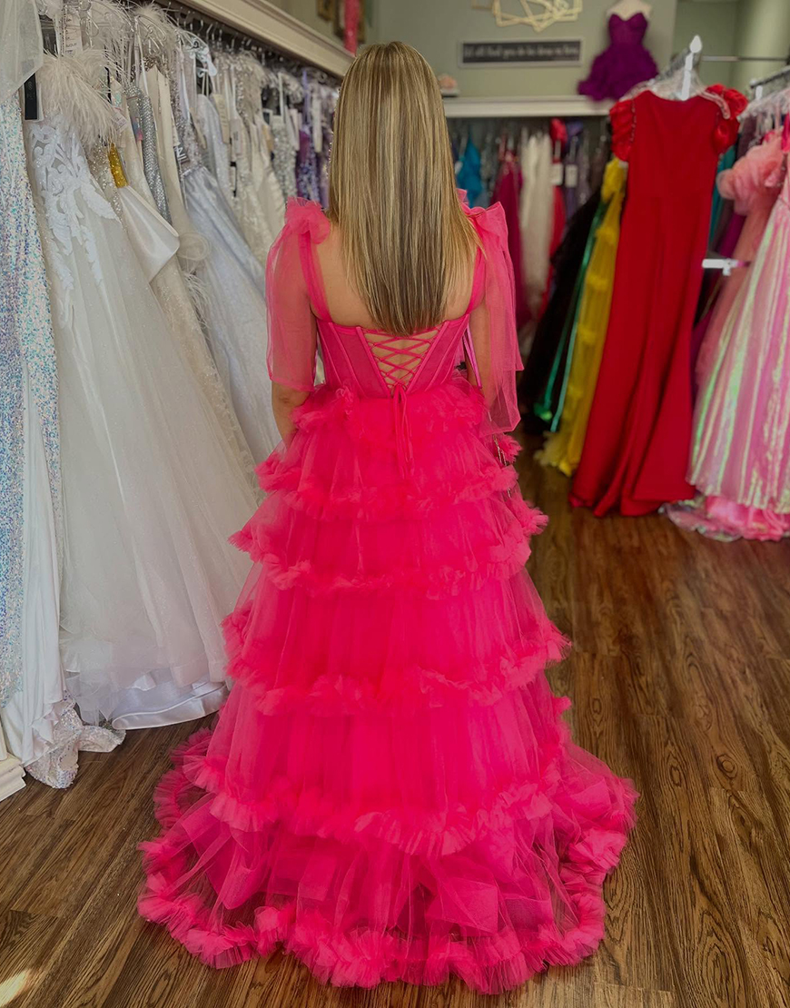 Sparkly Fuchsia Tiered Corset Beaded Ruffled Princess Long Prom Dress with Slit