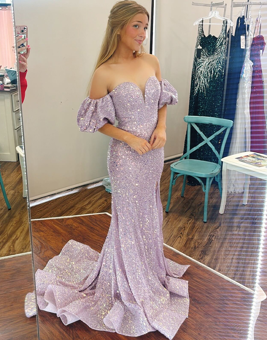 Sparkly Lilac Sequins Mermaid Off the Shoulder Long Prom Dress with Slit