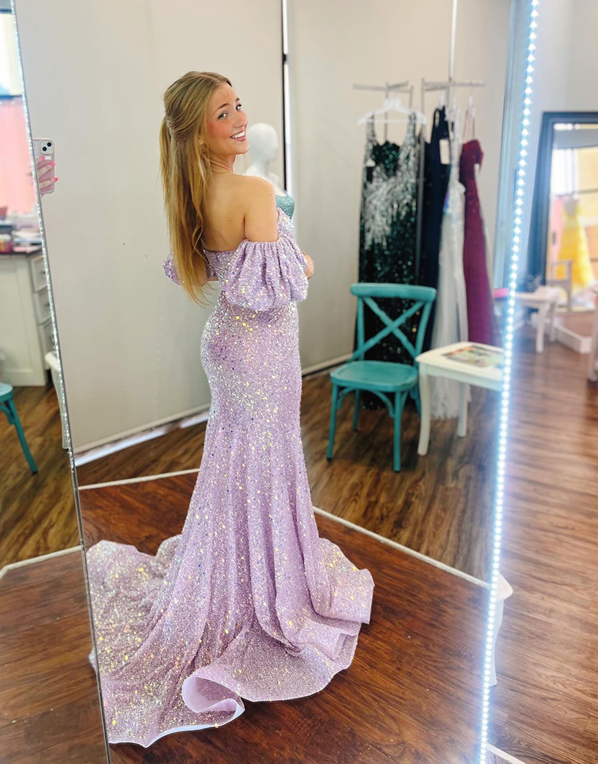 Sparkly Lilac Sequins Mermaid Off the Shoulder Long Prom Dress with Slit
