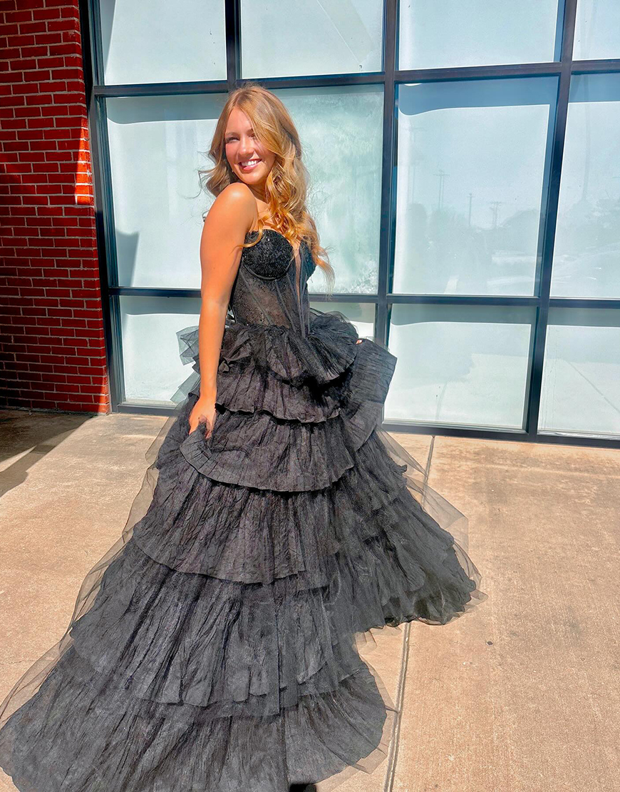 Sparkly Beaded Black Corset Tiered Ball Gown Long Prom Dress