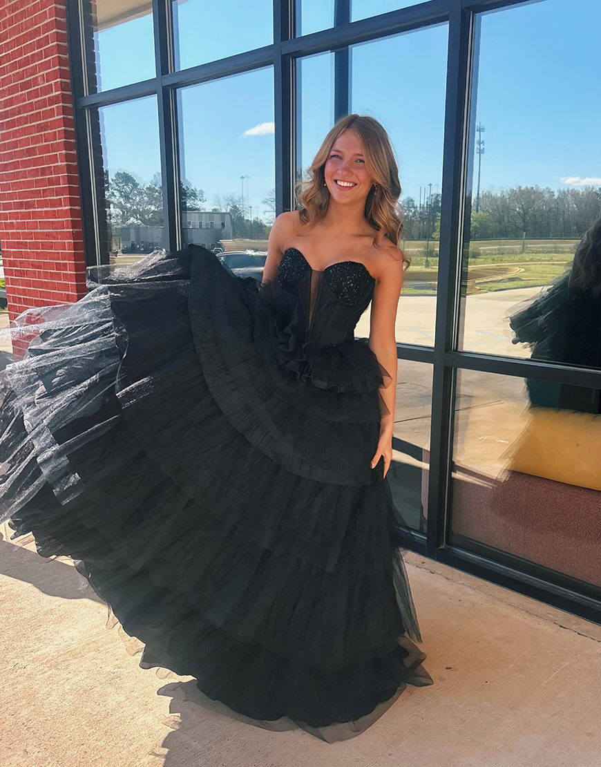 Sparkly Beaded Black Corset Tiered Ball Gown Long Prom Dress