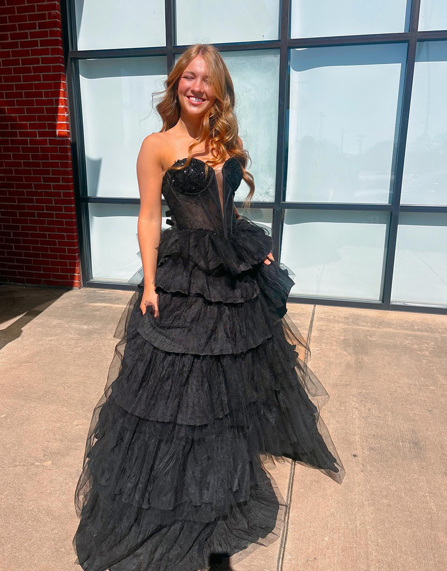 Sparkly Beaded Black Corset Tiered Ball Gown Long Prom Dress