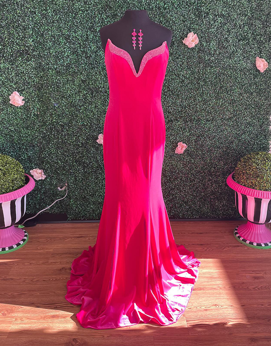 Sparkly Fuchsia Beaded Mermaid Strapless Long Prom Dress