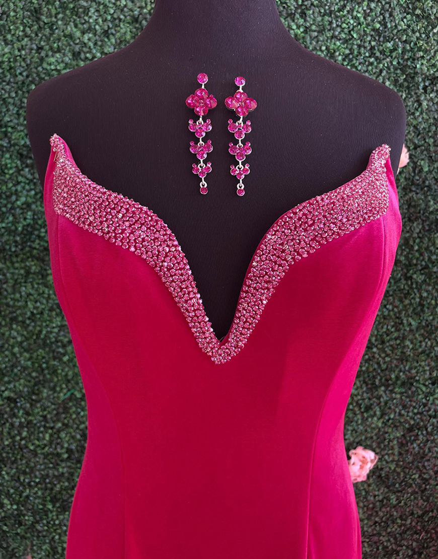 Sparkly Fuchsia Beaded Mermaid Strapless Long Prom Dress