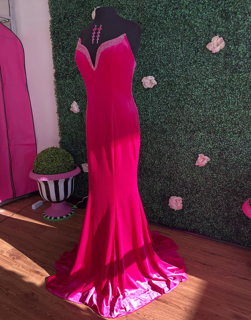 Sparkly Fuchsia Beaded Mermaid Strapless Long Prom Dress