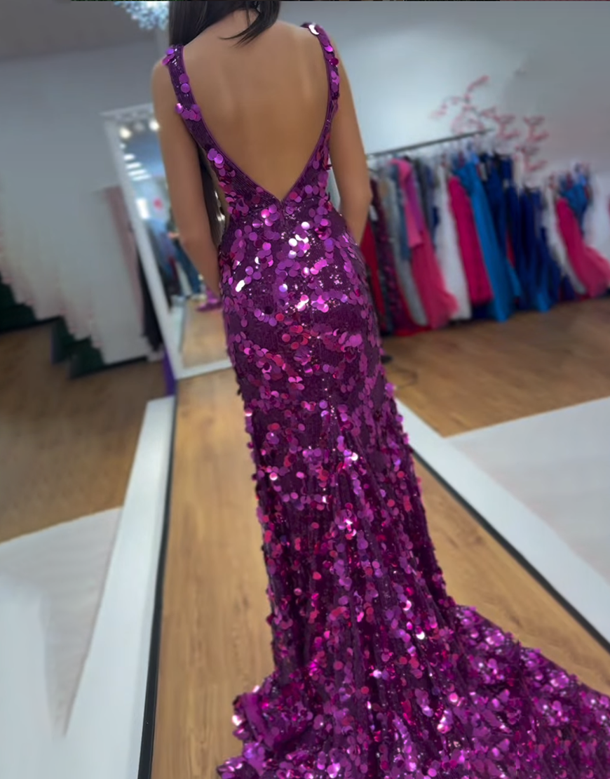Sparkly Fuchsia Deep V-Neck Sequins Mermaid Long Prom Dress with Slit