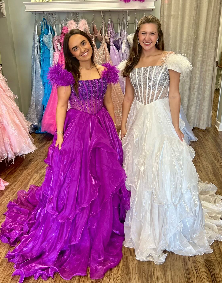 Sparkly Purple Corset Off the Shoulder Beaded Long Prom Dress with Feathers