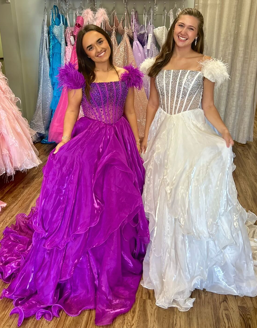 Sparkly Purple Corset Off the Shoulder Beaded Long Prom Dress with Feathers