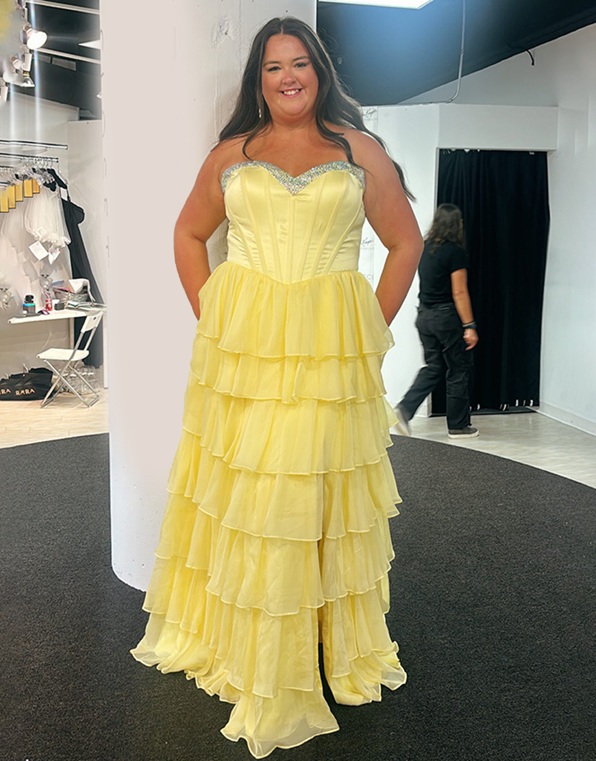Sparkly Yellow Corset Ruffled Tiered Long Prom Dress with Slit