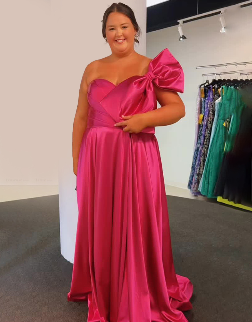 Plus Size Fuchsia Sheath Sweetheart Backless Long Satin Prom Dress with Bow