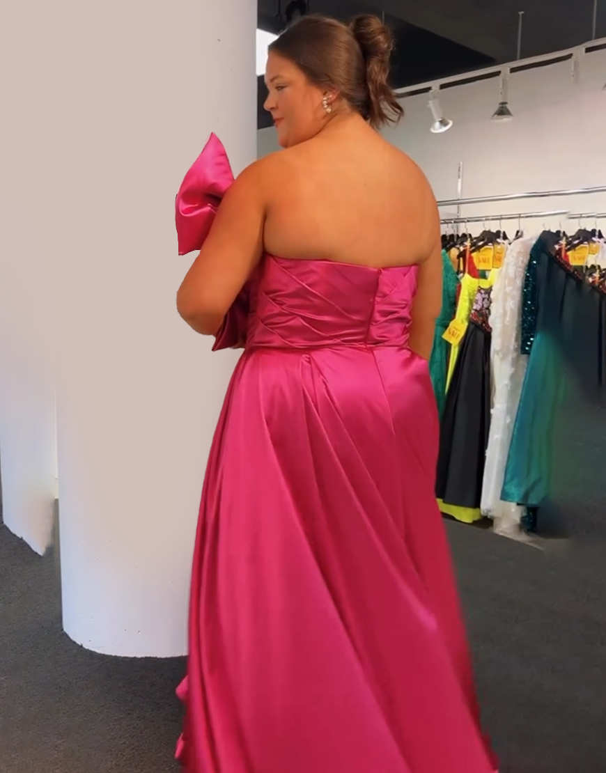 Plus Size Fuchsia Sheath Sweetheart Backless Long Satin Prom Dress with Bow