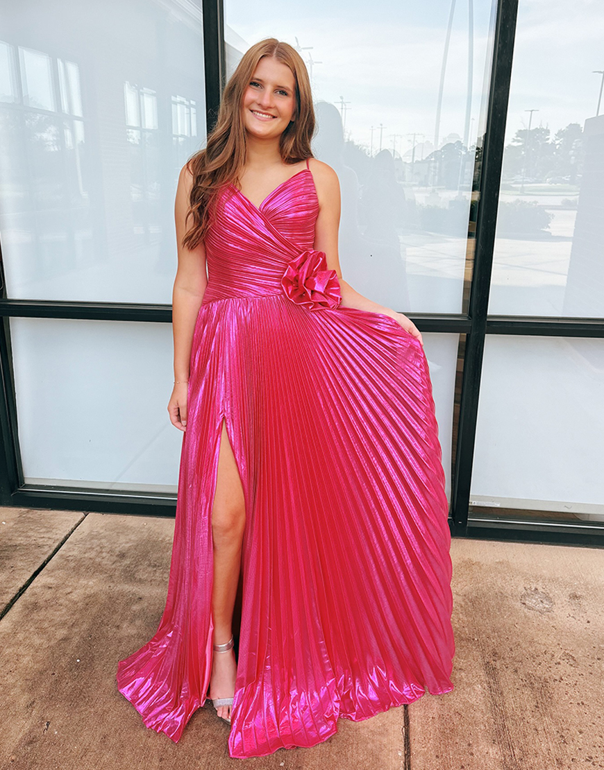 Fuchsia Floral Spaghetti Straps Pleated Long Sheath Prom Dress with Slit