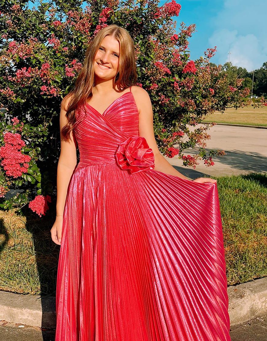 Fuchsia Floral Spaghetti Straps Pleated Long Sheath Prom Dress with Slit