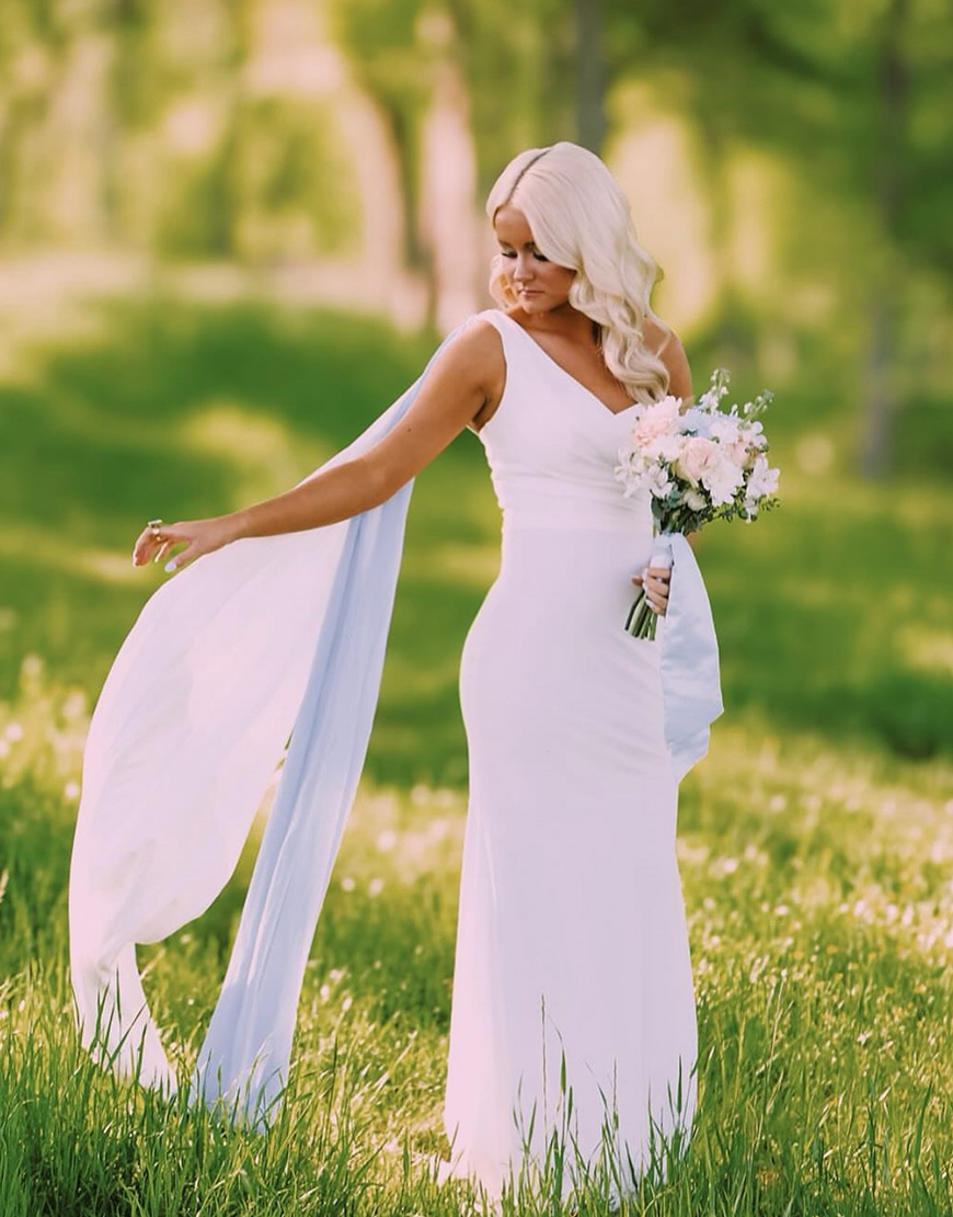 Simple White Sheath One Shoulder Long Prom Dress with Side Cape