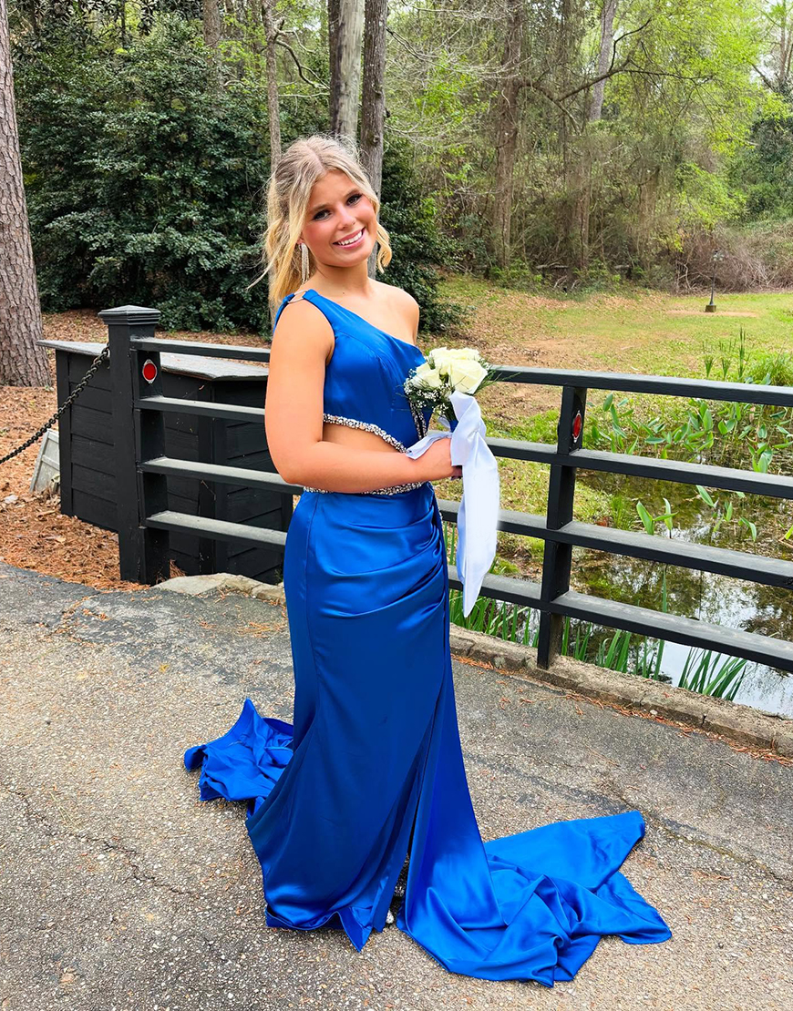Sparkly Royal Blue Beaded Mermaid Cut Out One Shoulder Long Prom Dress