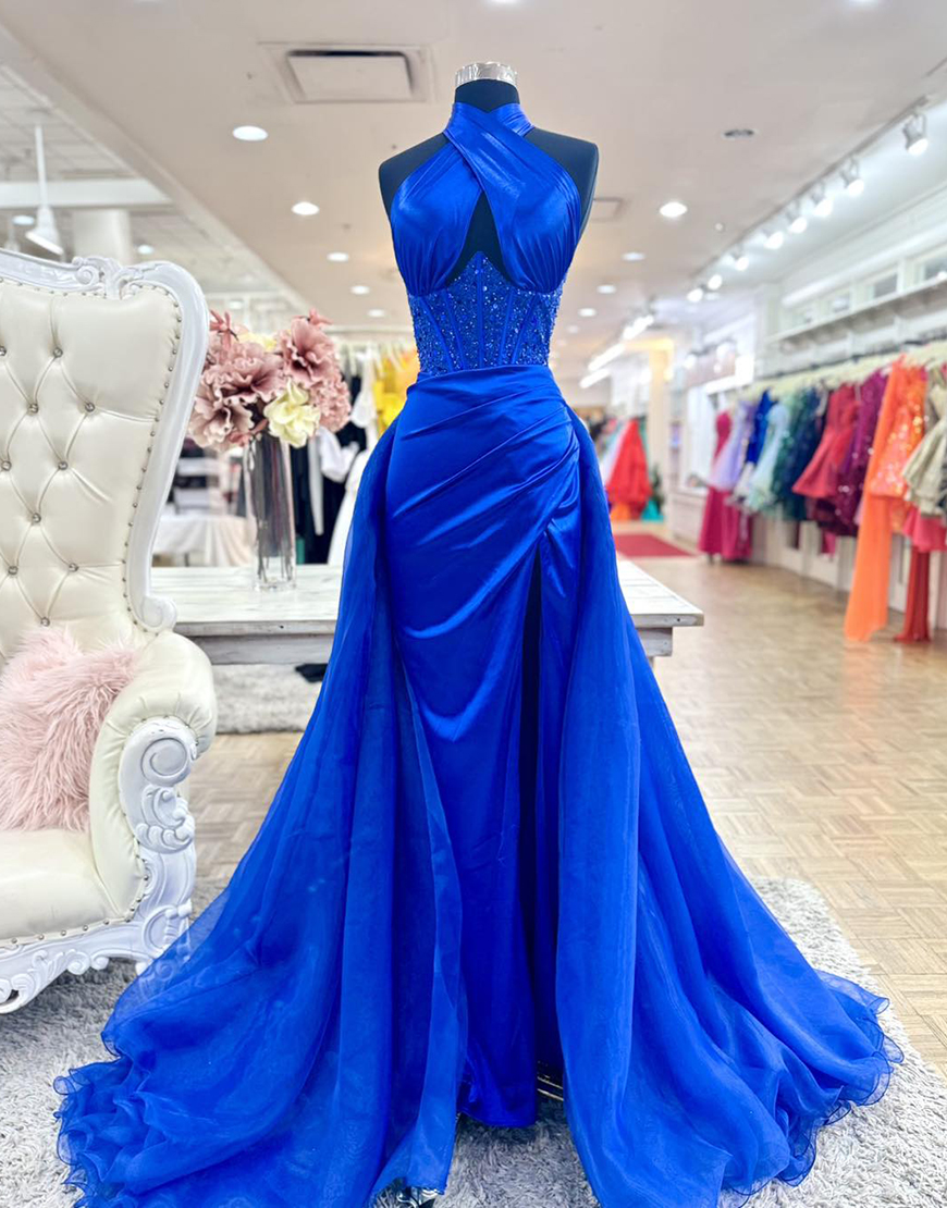 Sparkly Royal Blue Corset Beaded Mermaid Long Prom Dress with Cape