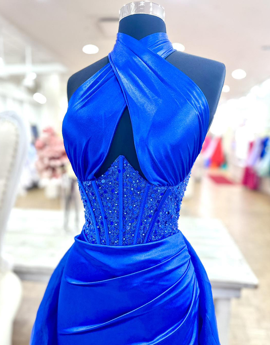 Sparkly Royal Blue Corset Beaded Mermaid Long Prom Dress with Cape