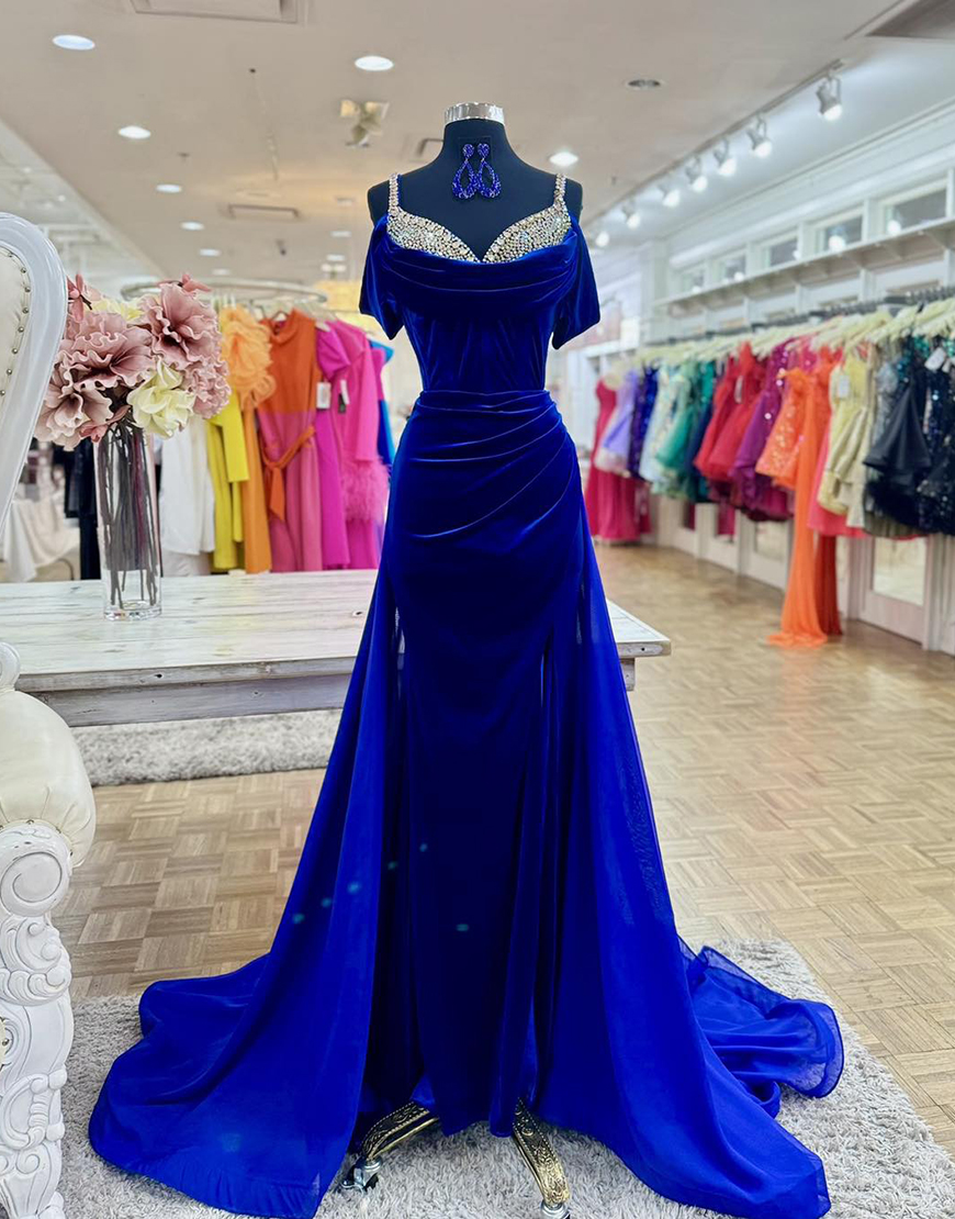 Sparkly Royal Blue Mermaid Velvet Beaded Long Prom Dress with Slit
